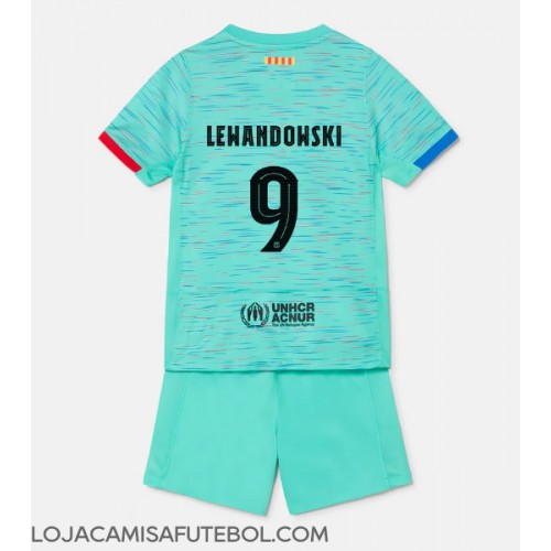 Camisa de Futebol Barcelona Robert Lewandowski #9 Equipamento Alternativo Infantil 2023-24 Manga Curta (+ Calças curtas)